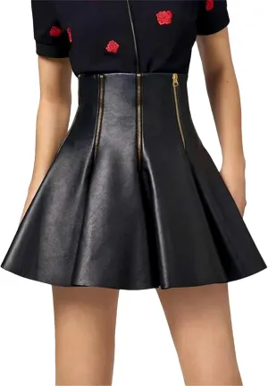 Womens Faux Leather Swing Skirt Black Zipper Designer Spring Summer Street Slim