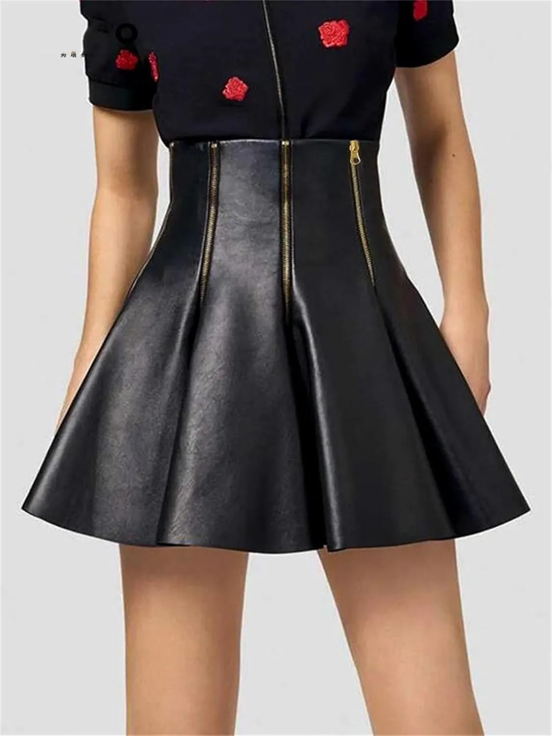 Womens Faux Leather Swing Skirt Black Zipper Designer Spring Summer Street Slim