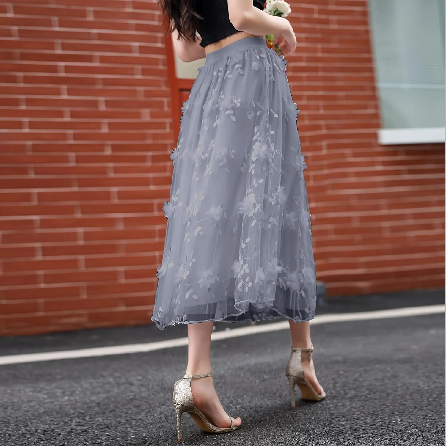 Women's Floral Embroidered Mesh A-Line Midi Skirt 3D Posy Flowy Swing A-Line Pleated Tulle Layered Fairy Skirts