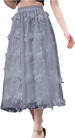 Women's Floral Embroidered Mesh A-Line Midi Skirt 3D Posy Flowy Swing A-Line Pleated Tulle Layered Fairy Skirts