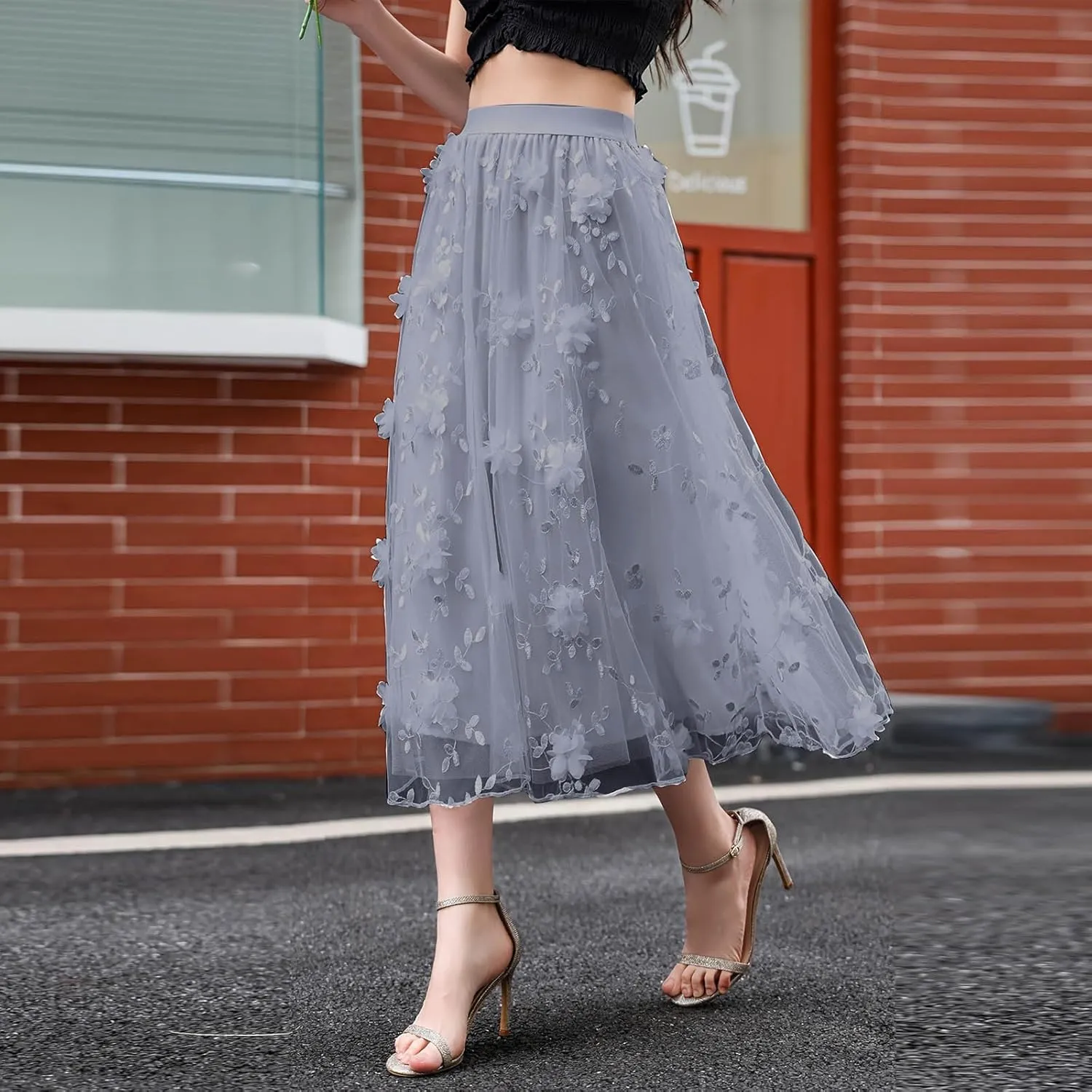 Women's Floral Embroidered Mesh A-Line Midi Skirt 3D Posy Flowy Swing A-Line Pleated Tulle Layered Fairy Skirts