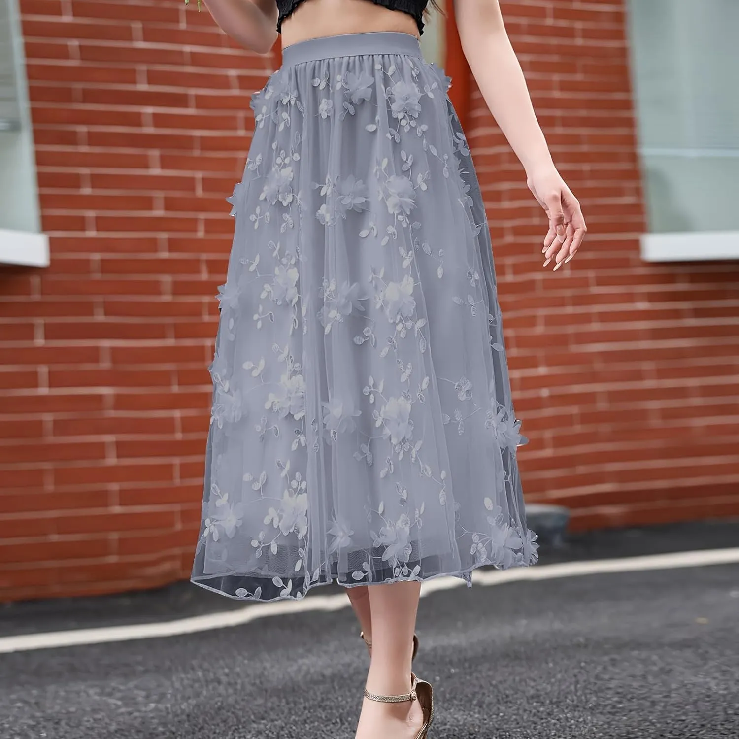 Women's Floral Embroidered Mesh A-Line Midi Skirt 3D Posy Flowy Swing A-Line Pleated Tulle Layered Fairy Skirts