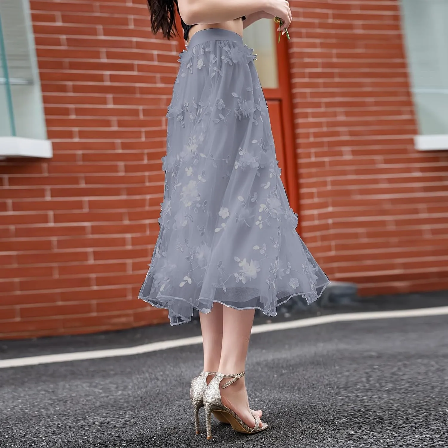 Women's Floral Embroidered Mesh A-Line Midi Skirt 3D Posy Flowy Swing A-Line Pleated Tulle Layered Fairy Skirts