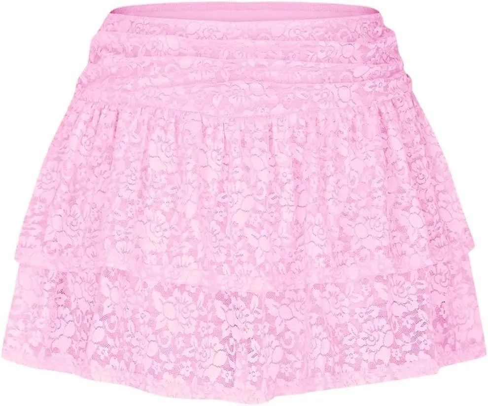 Women's Floral Lace Skirts Pleated Mini Skirt Sexy High Waisted Ruffles Lingerie Short Skirts Aesthetic Streetwear