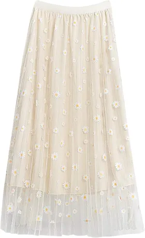 Women's Floral Midi Skirt Elastic Pleated Mesh A-Line Tulle Skirt Swing Women Skirt Wrap Midi Skirts Ankle Skirts