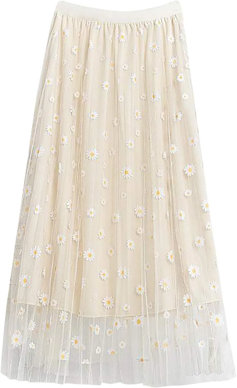 Women's Floral Midi Skirt Elastic Pleated Mesh A-Line Tulle Skirt Swing Women Skirt Wrap Midi Skirts Ankle Skirts