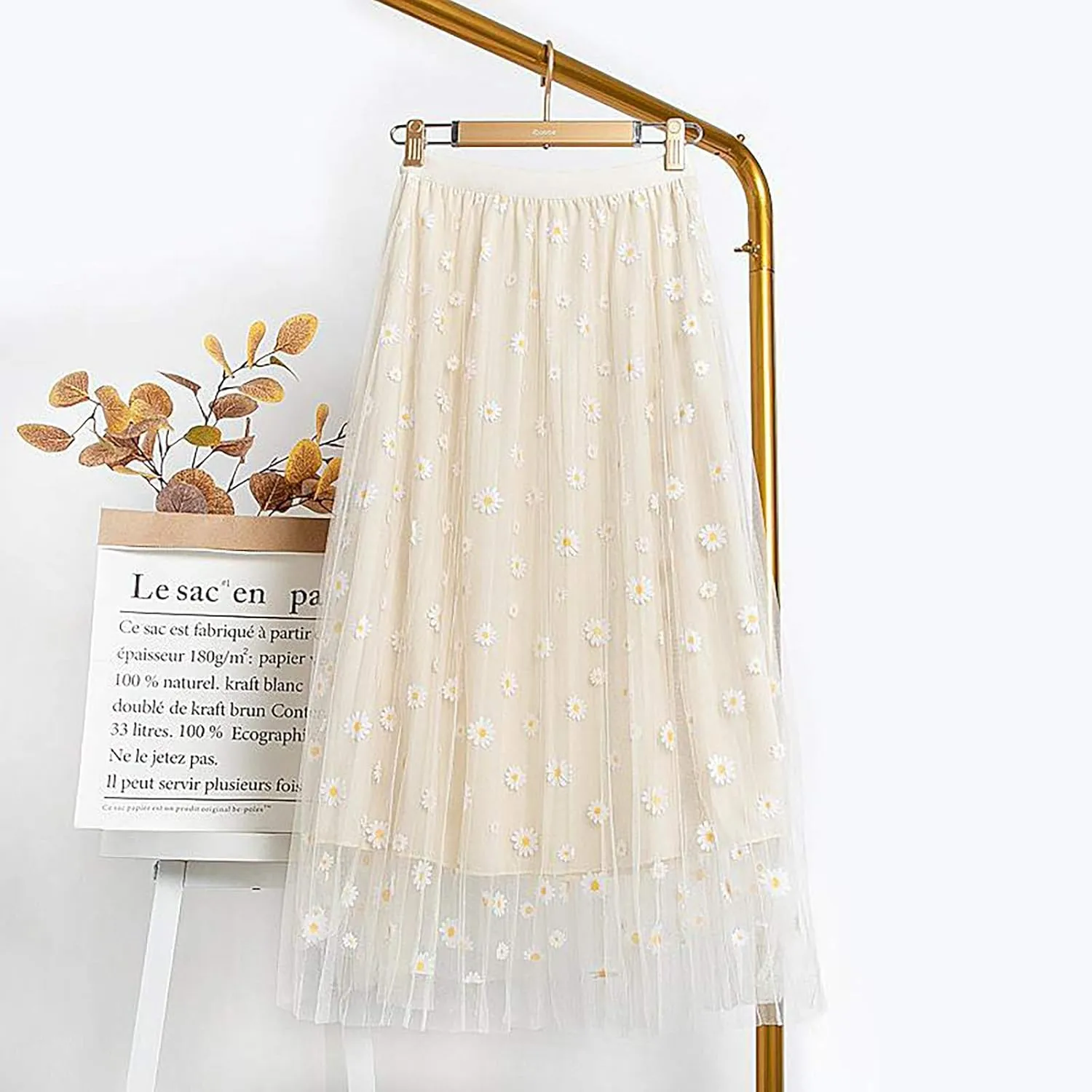Women's Floral Midi Skirt Elastic Pleated Mesh A-Line Tulle Skirt Swing Women Skirt Wrap Midi Skirts Ankle Skirts