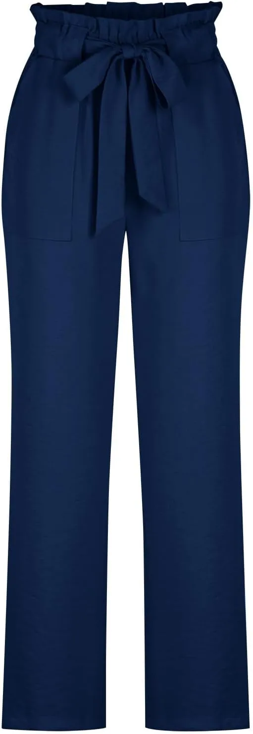 Women's Frill Paper Bag Pants Belted High Waist Straight Leg Trousers Casual Loose Fit Dressy Work Pant with Pockets