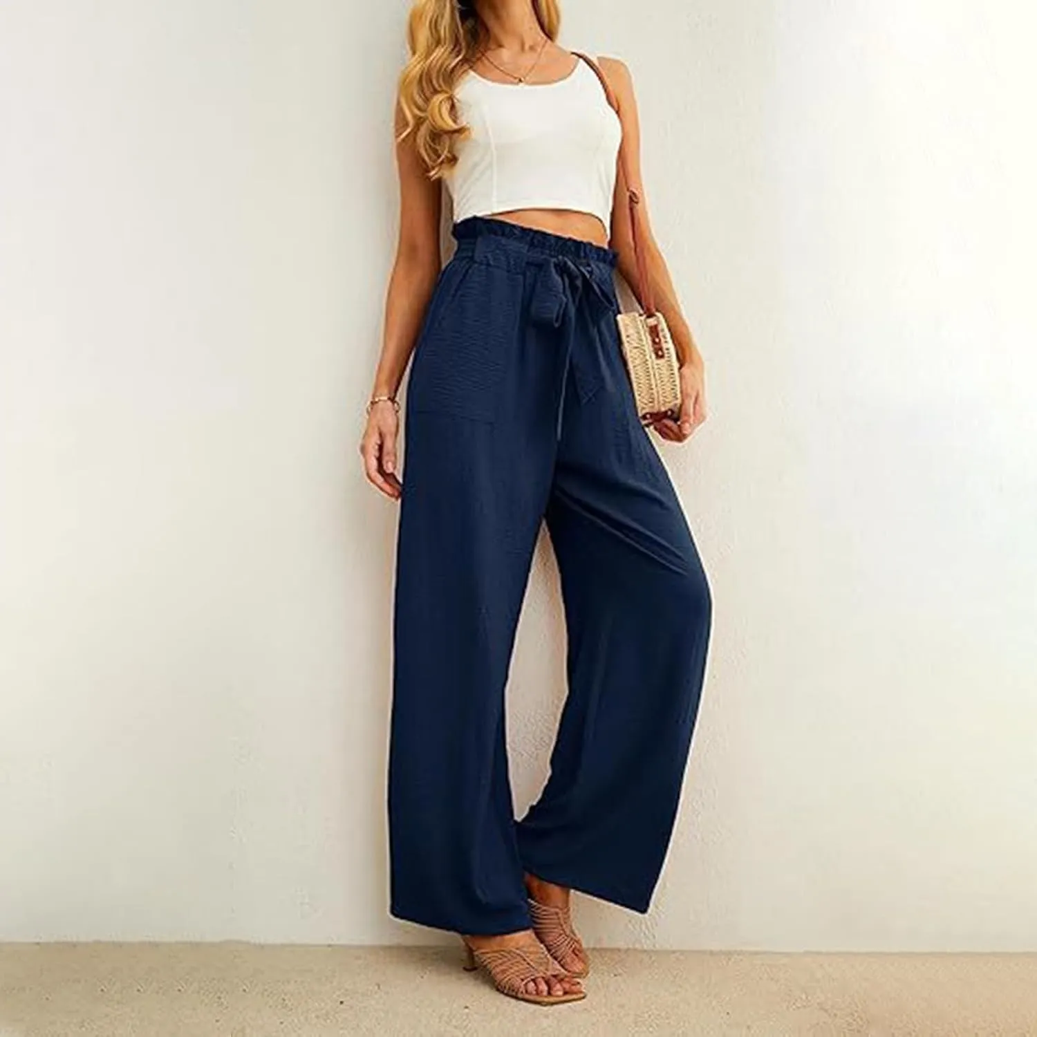 Women's Frill Paper Bag Pants Belted High Waist Straight Leg Trousers Casual Loose Fit Dressy Work Pant with Pockets