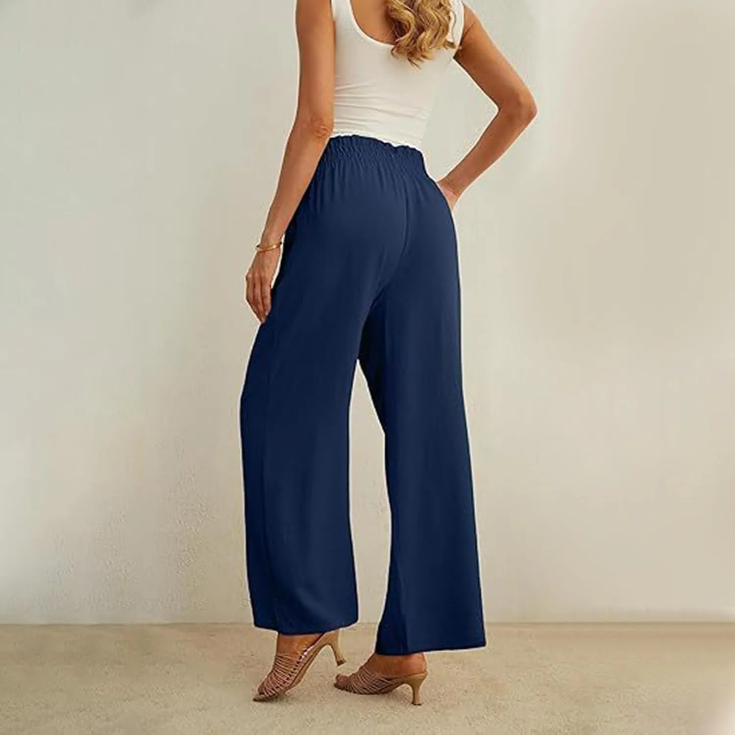 Women's Frill Paper Bag Pants Belted High Waist Straight Leg Trousers Casual Loose Fit Dressy Work Pant with Pockets