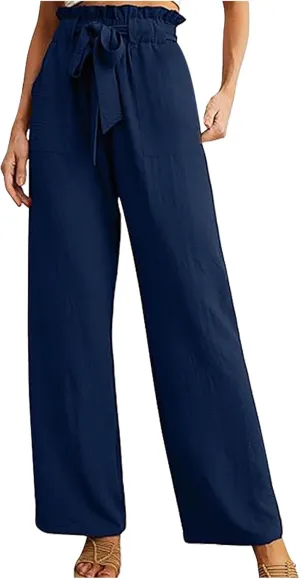 Women's Frill Paper Bag Pants Belted High Waist Straight Leg Trousers Casual Loose Fit Dressy Work Pant with Pockets