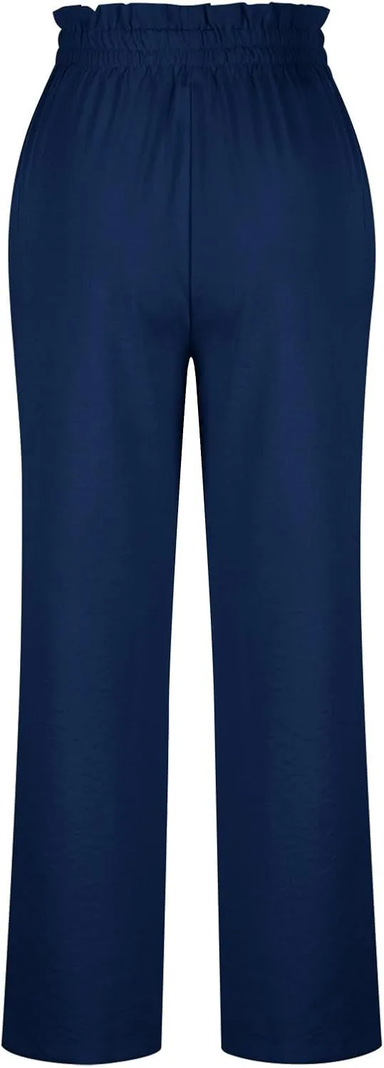 Women's Frill Paper Bag Pants Belted High Waist Straight Leg Trousers Casual Loose Fit Dressy Work Pant with Pockets