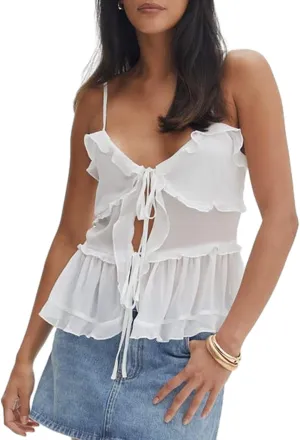 Womens Front Tie Tank Top Spaghetti Strap V Neck Camisole Sleeveless Backless Sheer Mesh Ruffle Crop Cami Tops