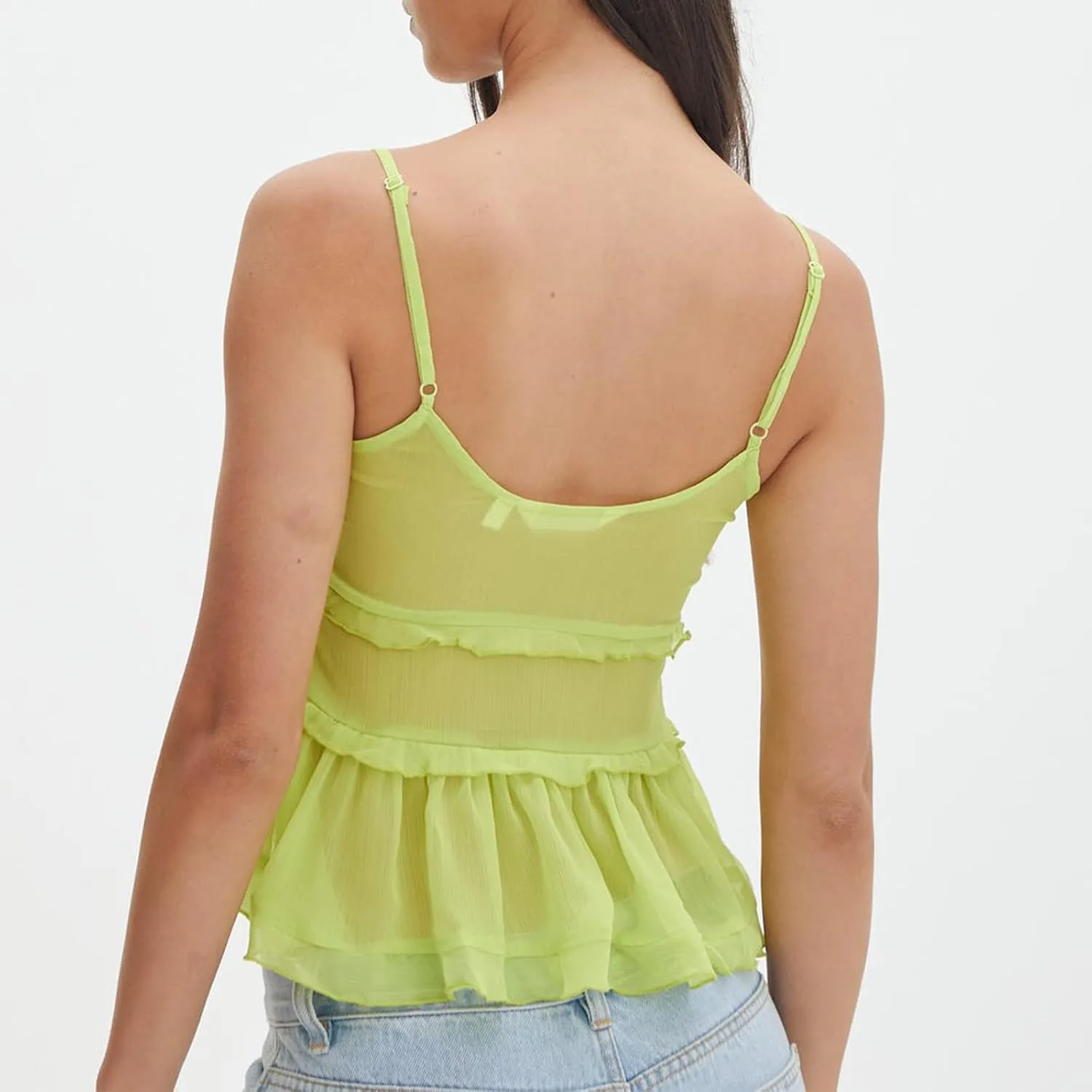 Womens Front Tie Tank Top Spaghetti Strap V Neck Camisole Sleeveless Backless Sheer Mesh Ruffle Crop Cami Tops