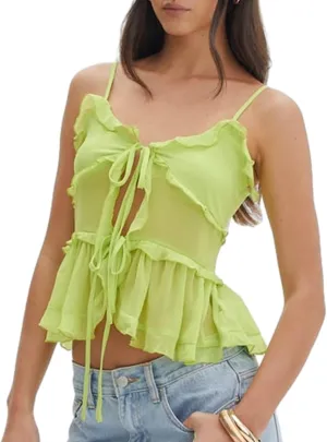 Womens Front Tie Tank Top Spaghetti Strap V Neck Camisole Sleeveless Backless Sheer Mesh Ruffle Crop Cami Tops