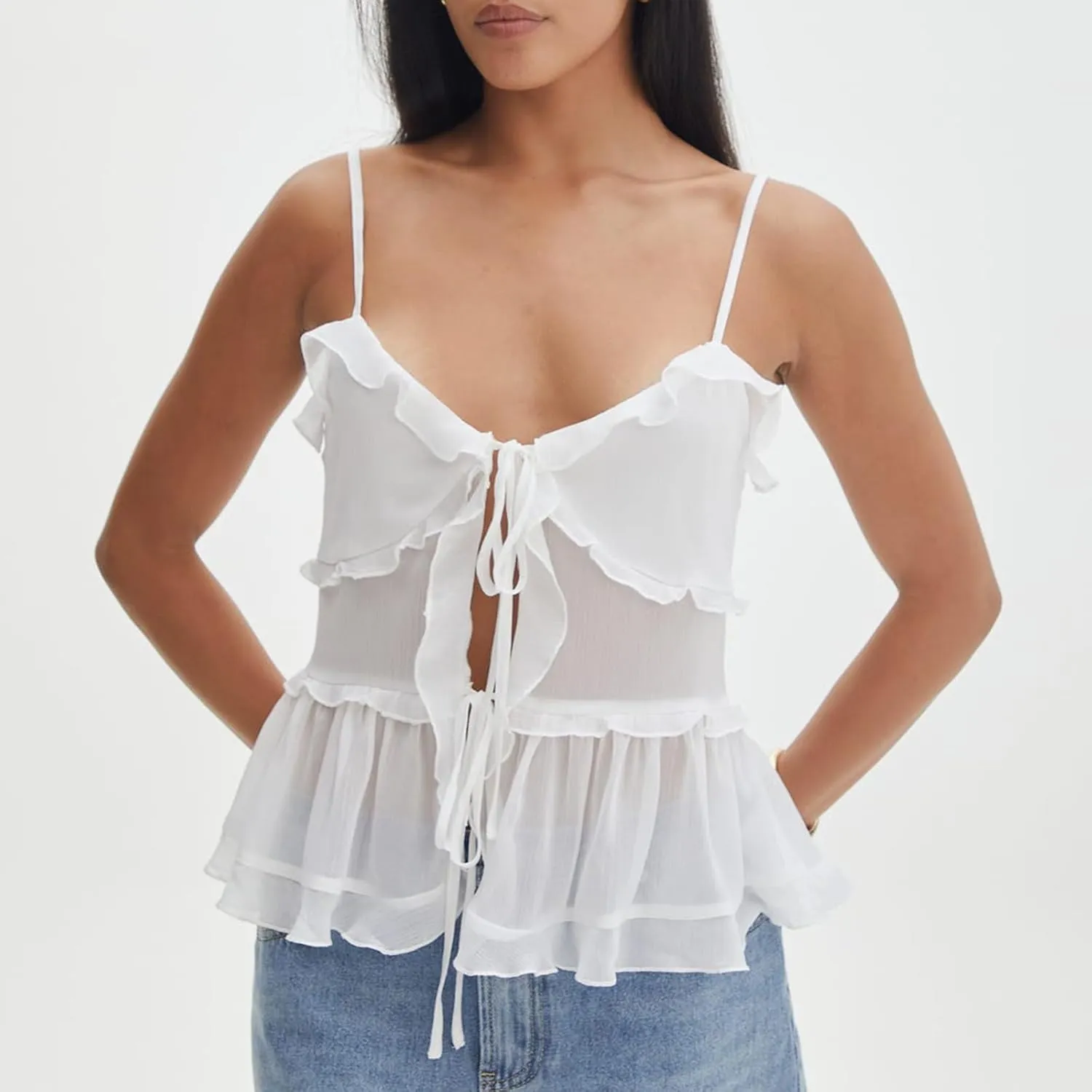 Womens Front Tie Tank Top Spaghetti Strap V Neck Camisole Sleeveless Backless Sheer Mesh Ruffle Crop Cami Tops