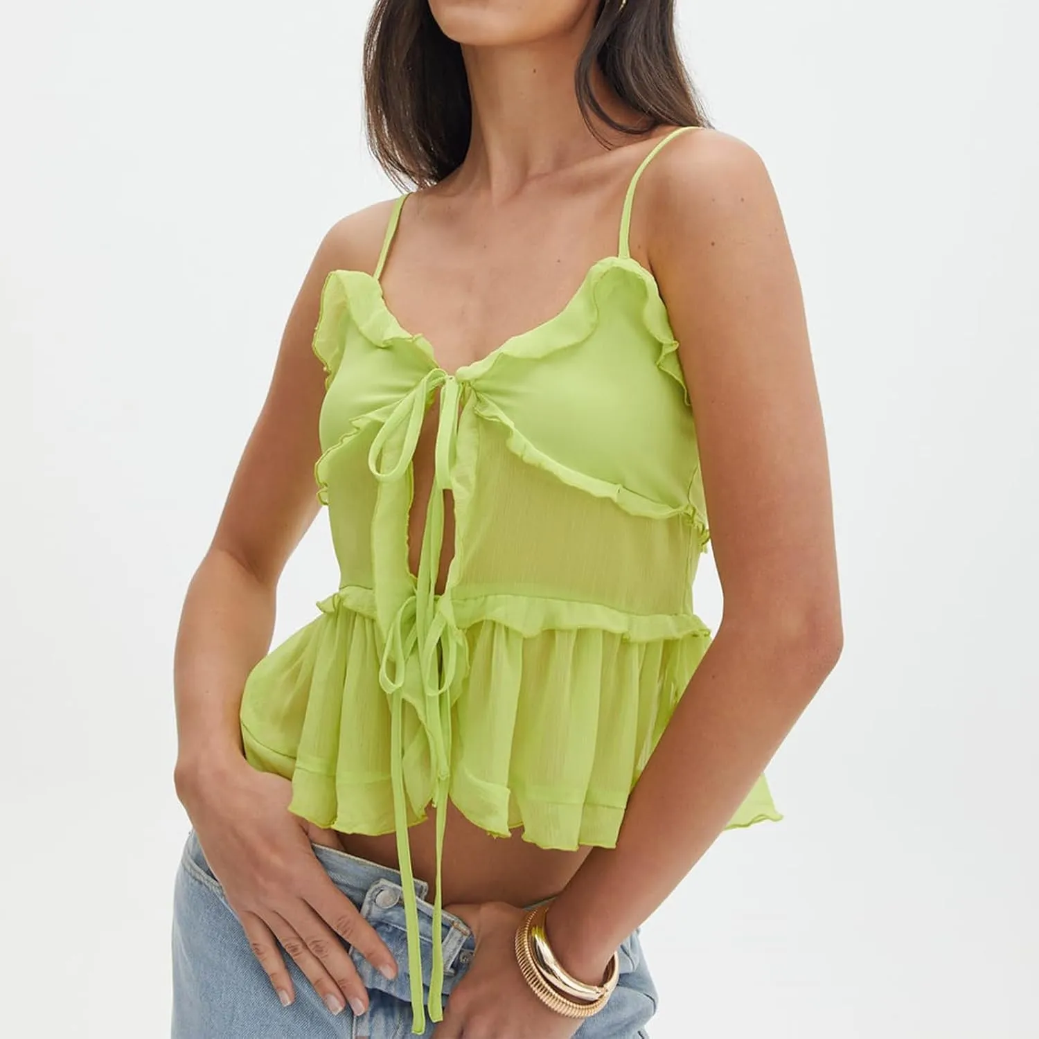 Womens Front Tie Tank Top Spaghetti Strap V Neck Camisole Sleeveless Backless Sheer Mesh Ruffle Crop Cami Tops