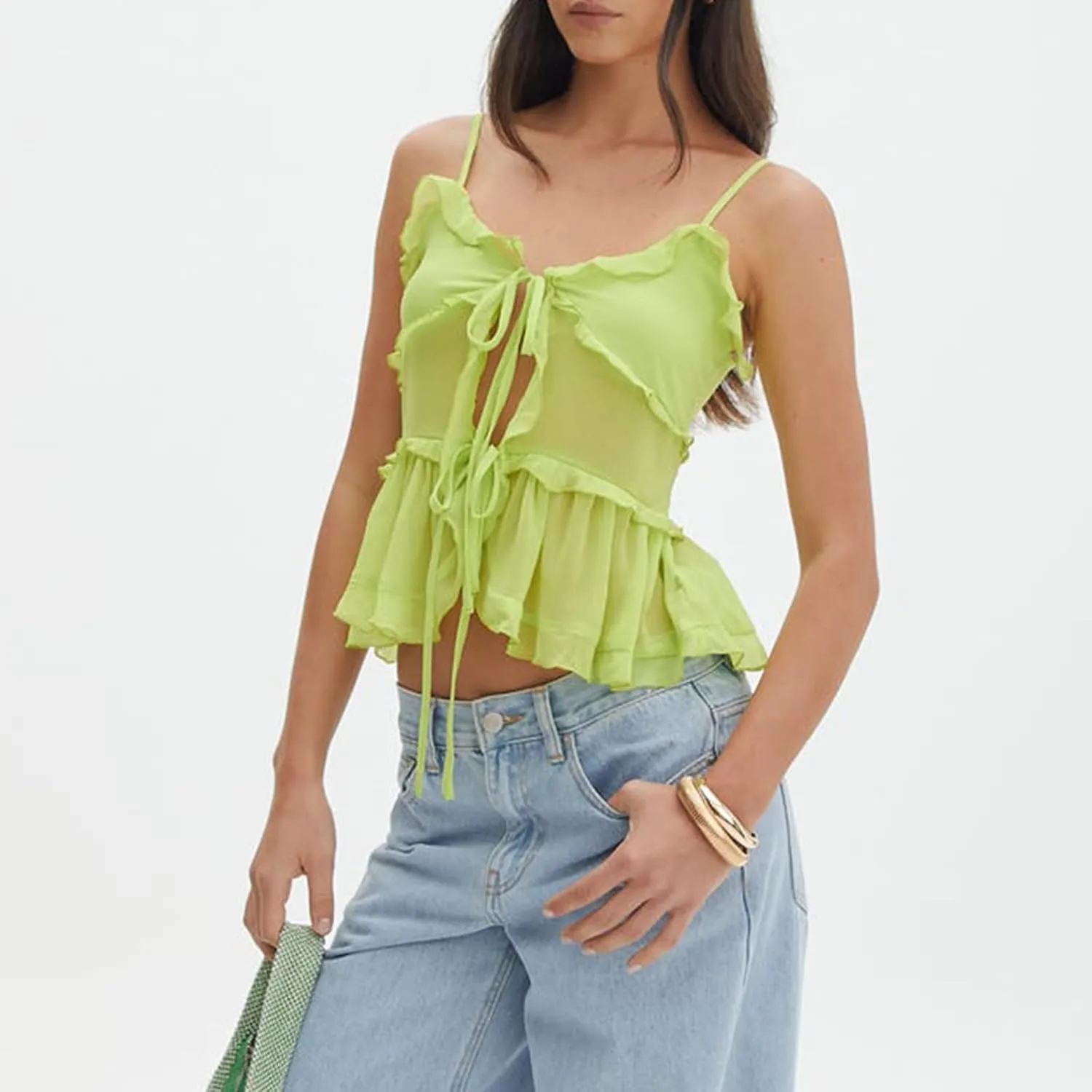 Womens Front Tie Tank Top Spaghetti Strap V Neck Camisole Sleeveless Backless Sheer Mesh Ruffle Crop Cami Tops