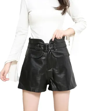 Womens Genuine Leather Shorts Wide Leg Red High Waist Sheepskin Summer Street