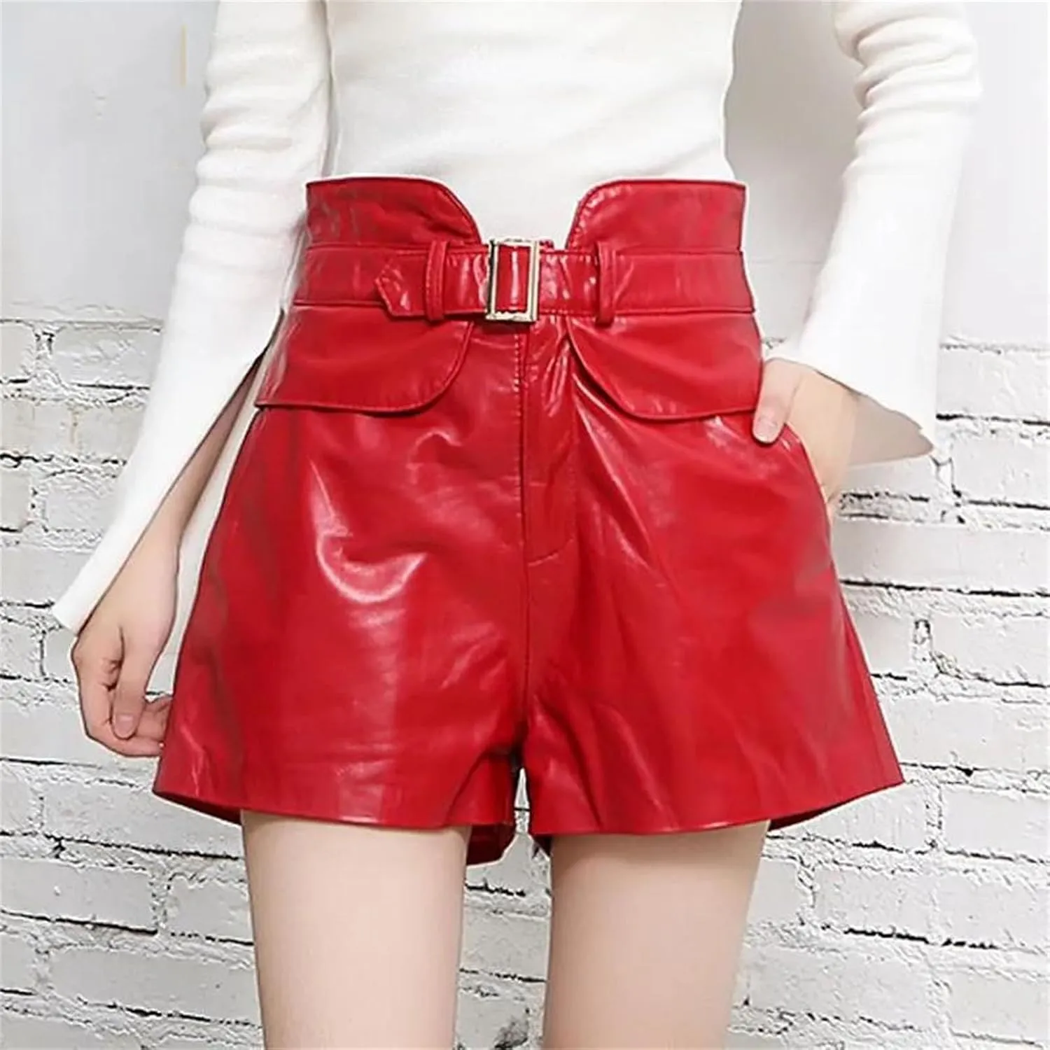 Womens Genuine Leather Shorts Wide Leg Red High Waist Sheepskin Summer Street