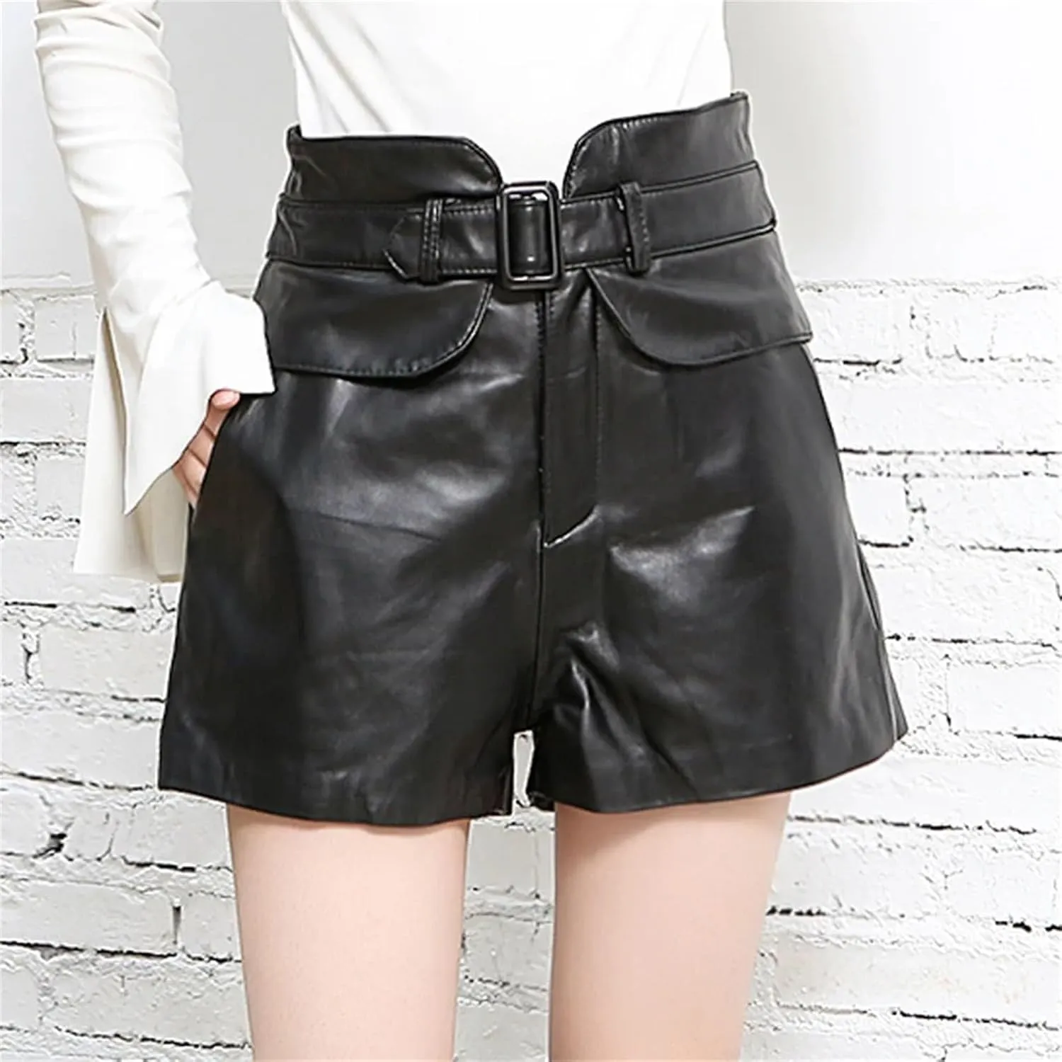 Womens Genuine Leather Shorts Wide Leg Red High Waist Sheepskin Summer Street