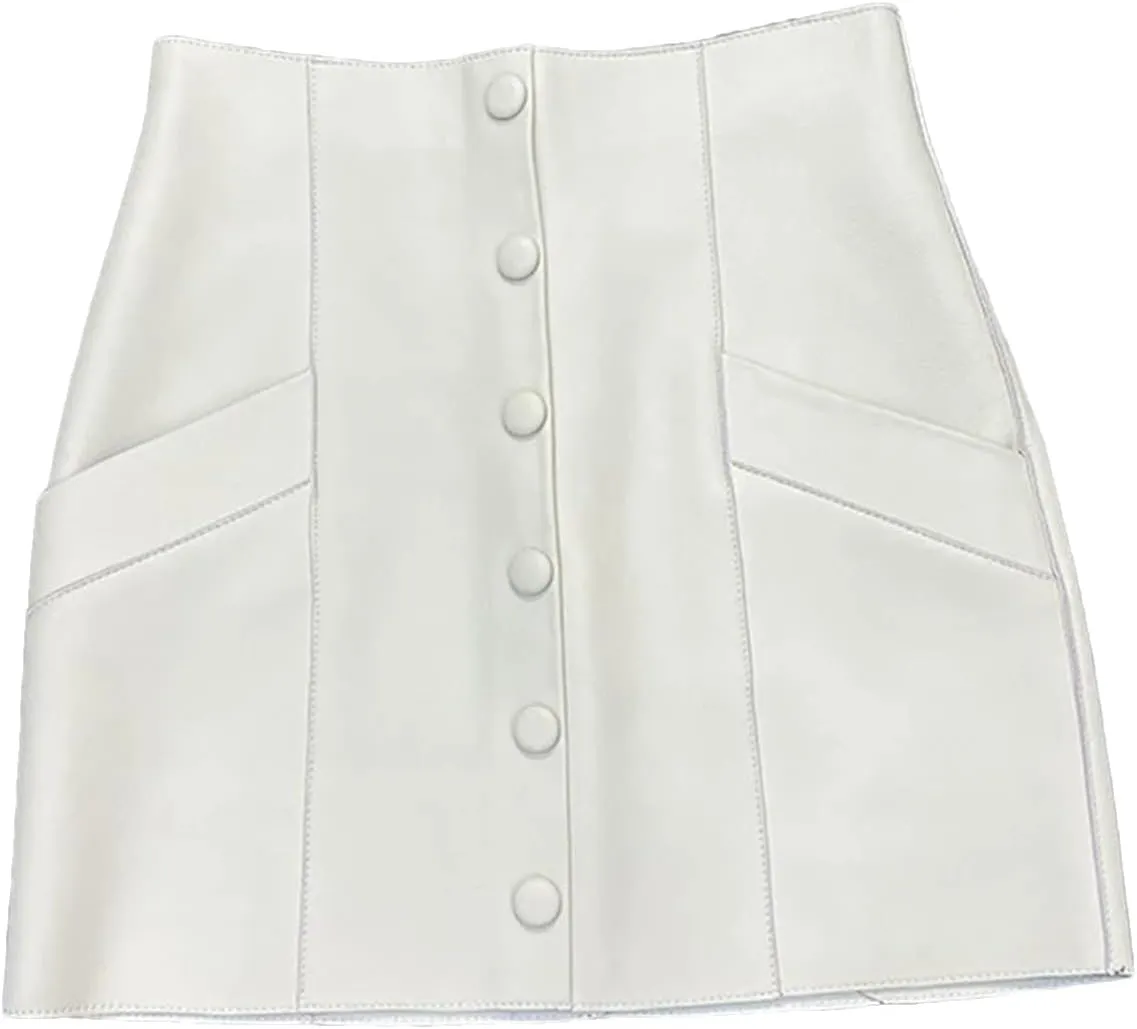 Womens Genuine Sheepskin A-Line Skirt High Waist Single Pocket Casual Spring Summer Slim Fit Leather Short