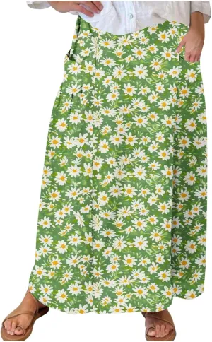 Women's Graphic Skirts Baggy Plus Size High Waisted Stretch Skirt Summer Vacation Boho Skirts with Pockets
