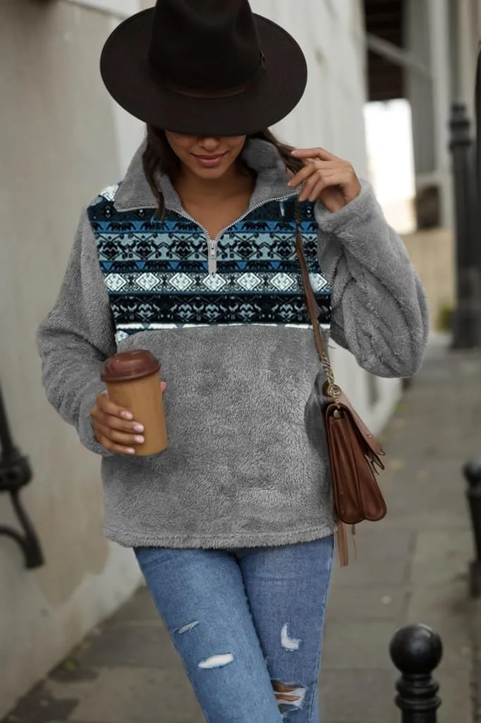 Women's Half Zip Sweatshirt Ethnic Print Casual Long Sleeve Oversized Pullover Sherpa Top Fuzzy Fleece Sweatshirt Hoodie