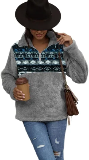 Women's Half Zip Sweatshirt Ethnic Print Casual Long Sleeve Oversized Pullover Sherpa Top Fuzzy Fleece Sweatshirt Hoodie