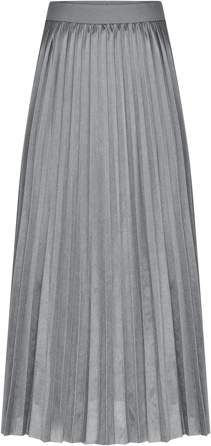 Women's High Waist Pleated A-Line Swing Skirt Solid Color Midi Long Shirring Skirts Summer Beach Flowy Skirt Dress
