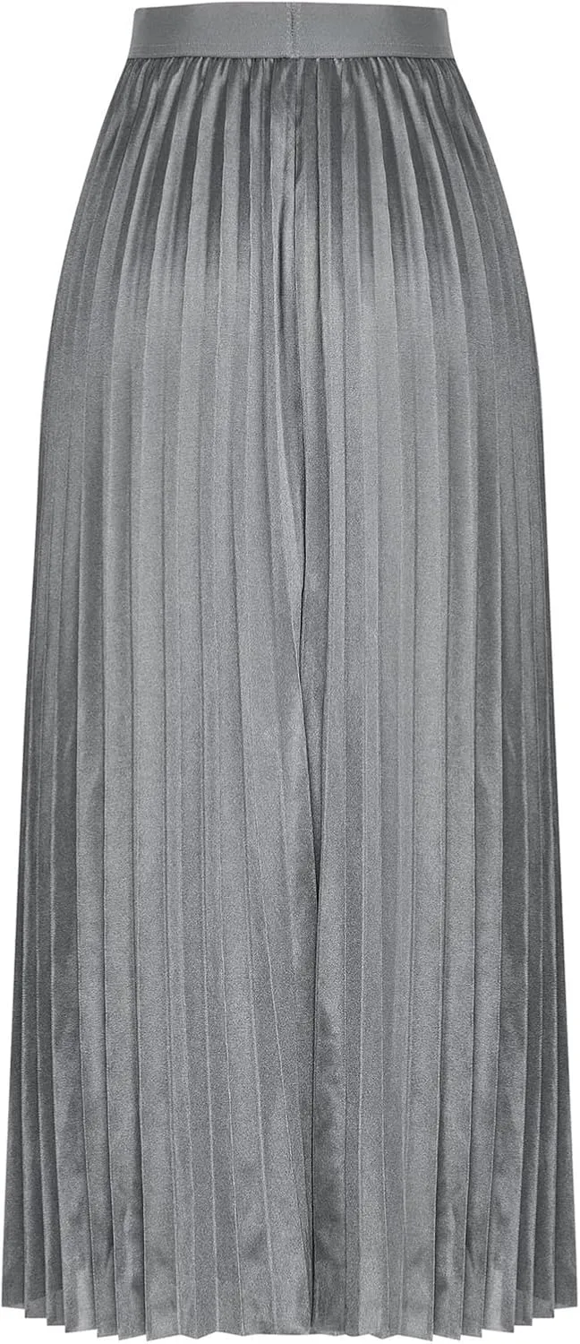 Women's High Waist Pleated A-Line Swing Skirt Solid Color Midi Long Shirring Skirts Summer Beach Flowy Skirt Dress