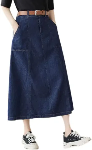 Womens High Waisted Denim Skirt Loose A-Line Medium Length Jeans Skirt Vintage Casual