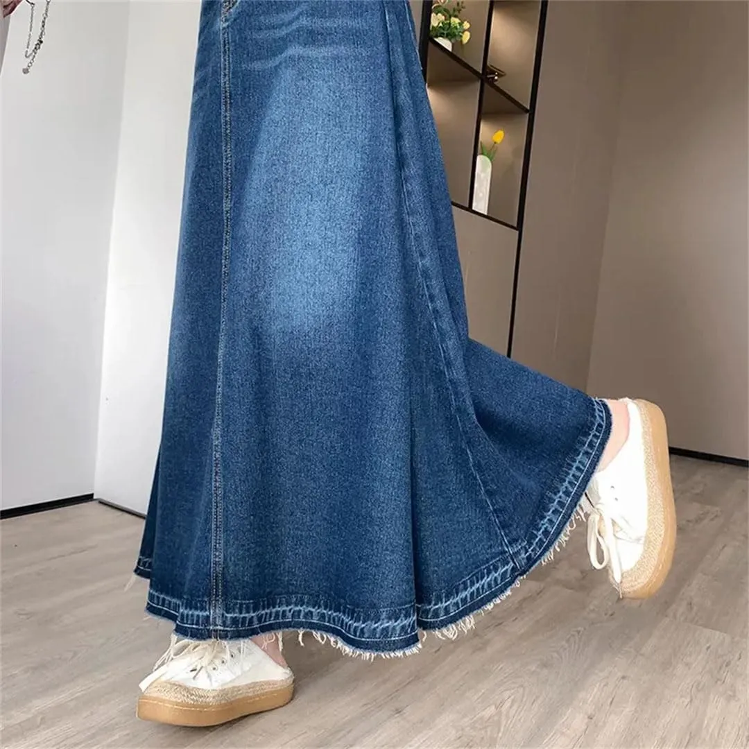 Women's High Waisted Denim Skirt Summer Thin A-Line Umbrella Skirts Casual Skirt with Pockets