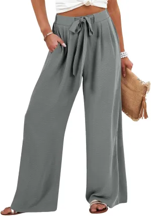 Women's High Waisted Wide Leg Flowy Pants Solid Color Tie Knot Palazzo Pants Casual Loose Beach Trousers with Pockets