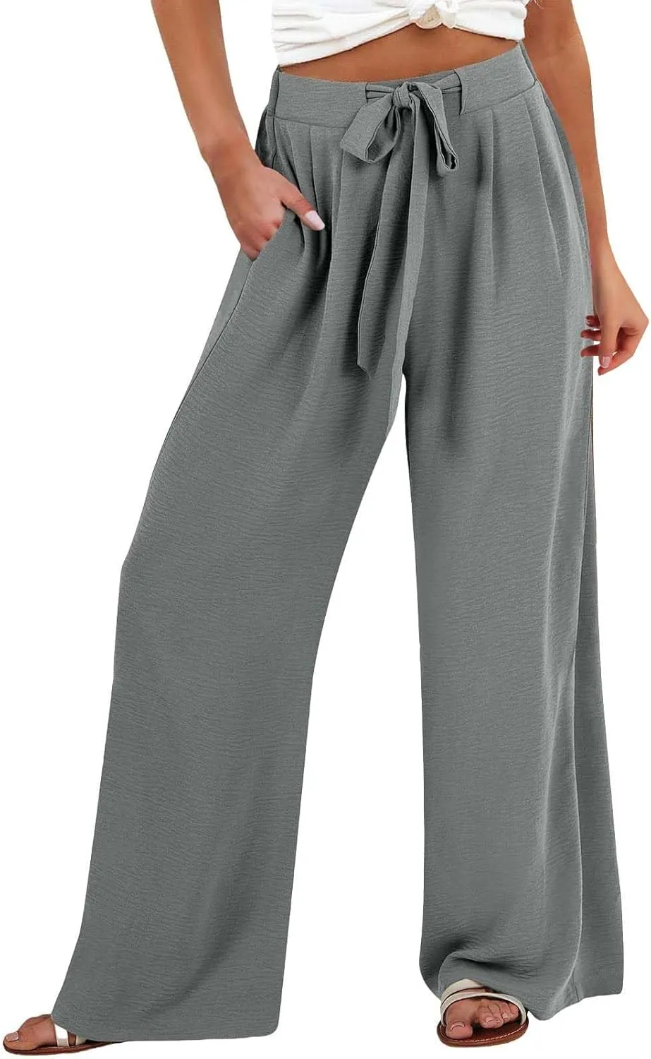 Women's High Waisted Wide Leg Flowy Pants Solid Color Tie Knot Palazzo Pants Casual Loose Beach Trousers with Pockets