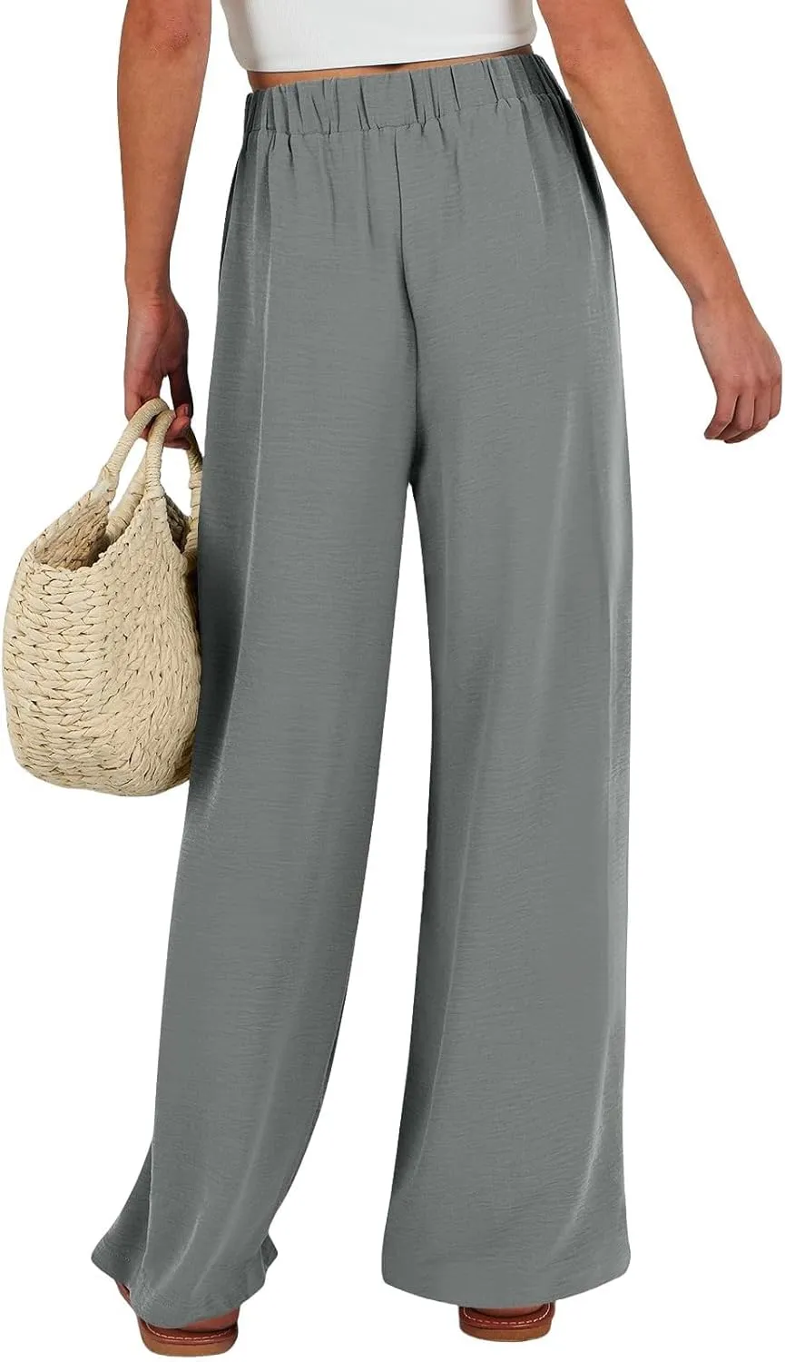 Women's High Waisted Wide Leg Flowy Pants Solid Color Tie Knot Palazzo Pants Casual Loose Beach Trousers with Pockets