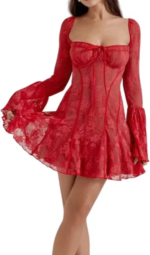 Women's Lace Floral Corset Mini Dress Heart Low Neck Open Back Ruffle Trim Bell Long Sleeve Short Dresses