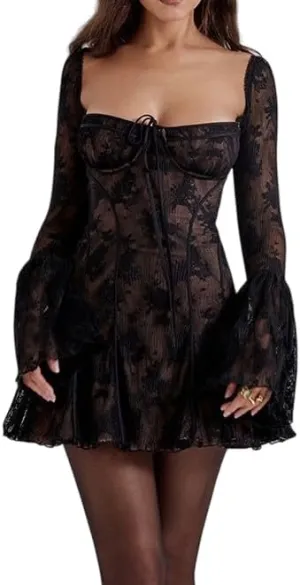Women's Lace Floral Corset Mini Dress Heart Low Neck Open Back Ruffle Trim Bell Long Sleeve Short Dresses