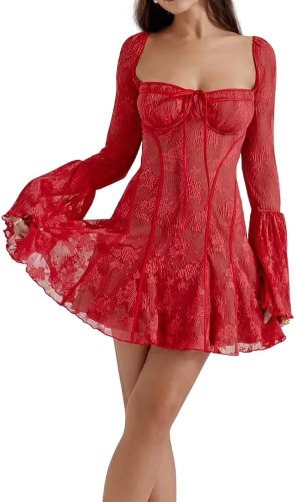 Women's Lace Floral Corset Mini Dress Heart Low Neck Open Back Ruffle Trim Bell Long Sleeve Short Dresses