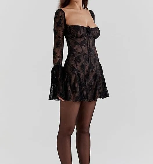 Women's Lace Floral Corset Mini Dress Heart Low Neck Open Back Ruffle Trim Bell Long Sleeve Short Dresses