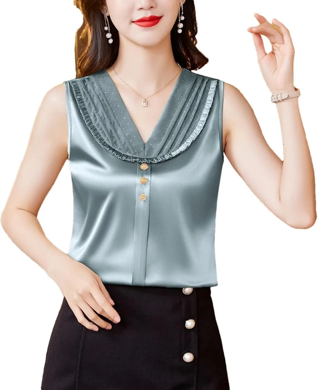 Women's Lace Tank Top Spring Summer Silk Satin Vest Shirt V Neck Casual Sleeveless Camisole