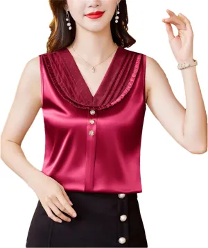 Women's Lace Tank Top Spring Summer Silk Satin Vest Shirt V Neck Casual Sleeveless Camisole