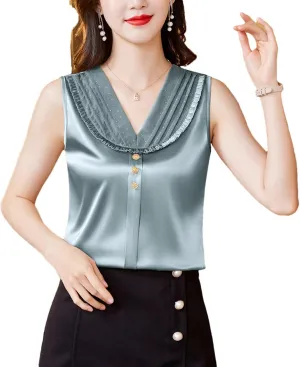 Women's Lace Tank Top Spring Summer Silk Satin Vest Shirt V Neck Casual Sleeveless Camisole