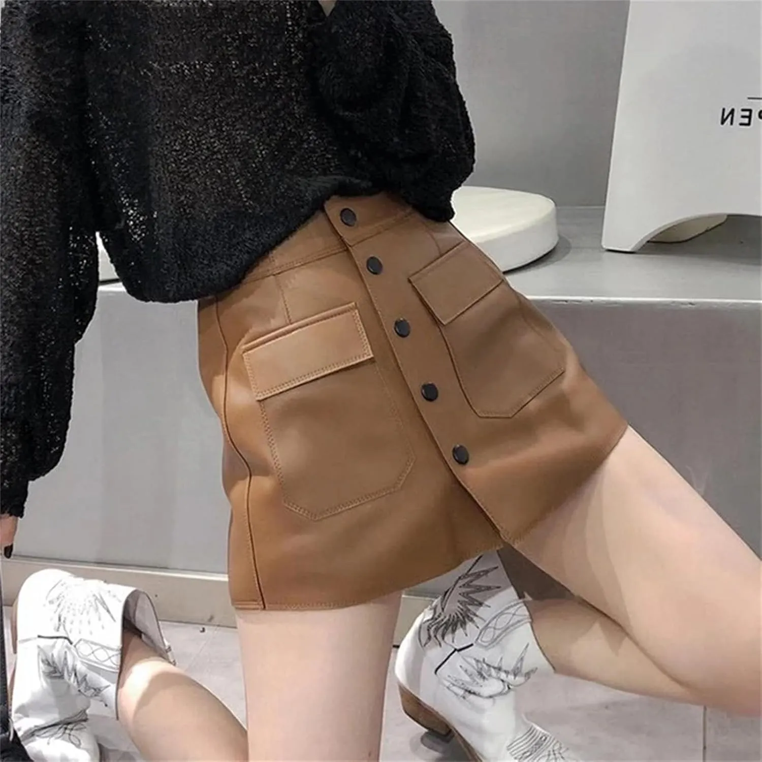 Womens Leather Skorts High Waist Pocket Single Breasted Korean Spring Casual White