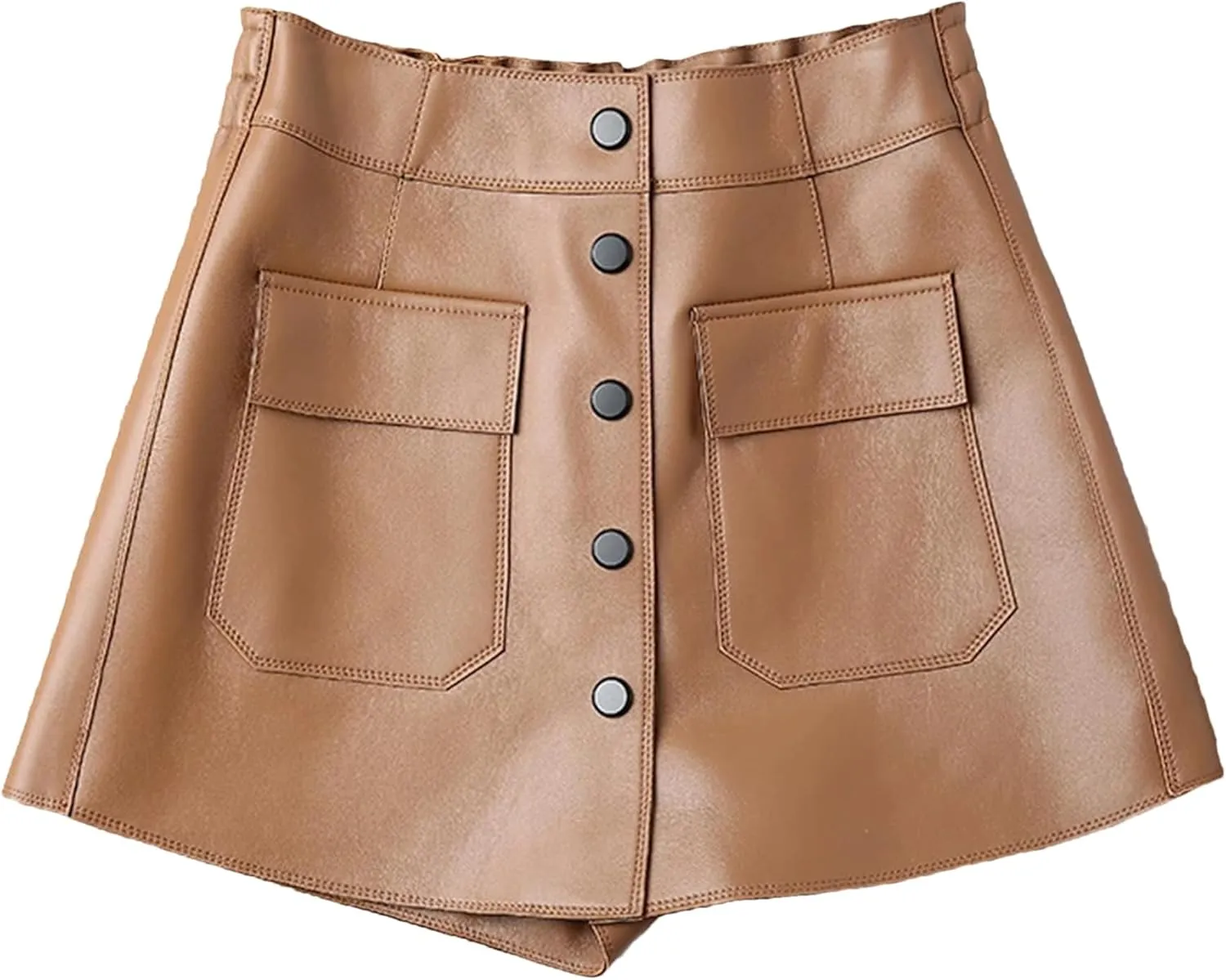 Womens Leather Skorts High Waist Pocket Single Breasted Korean Spring Casual White