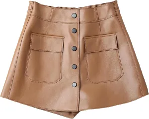 Womens Leather Skorts High Waist Pocket Single Breasted Korean Spring Casual White