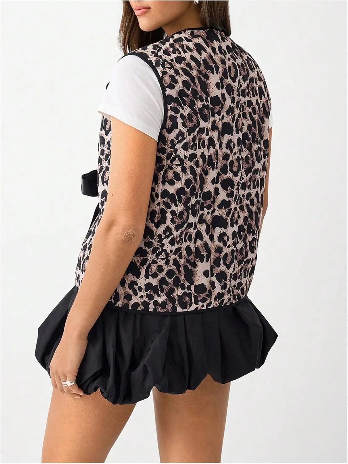 Women's Leopard Print Bow Tie Front Vest Coat Round Neck Sleeveless Jacket