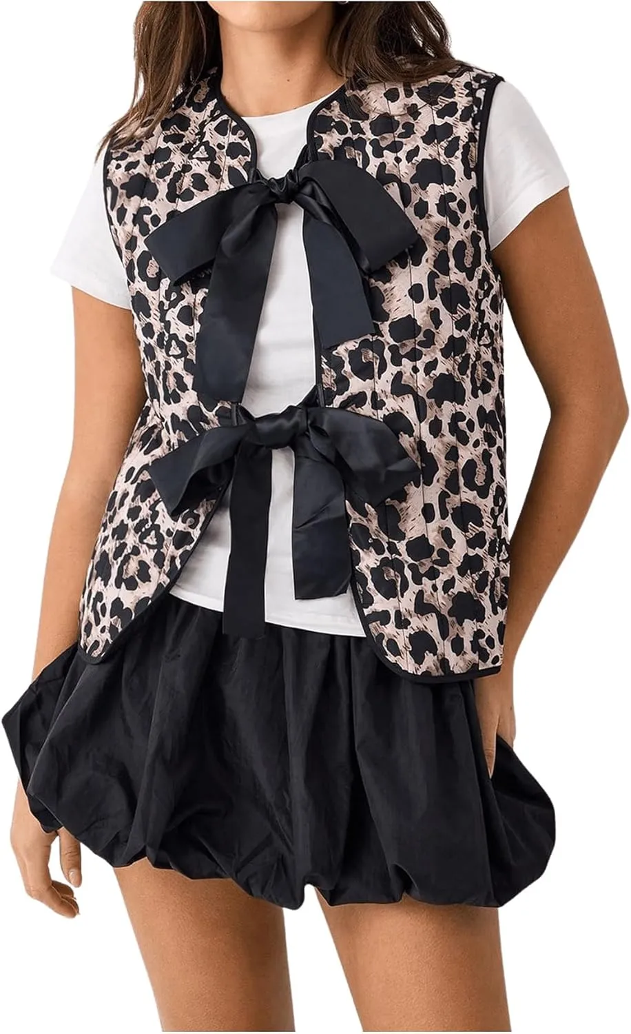 Women's Leopard Print Bow Tie Front Vest Coat Round Neck Sleeveless Jacket