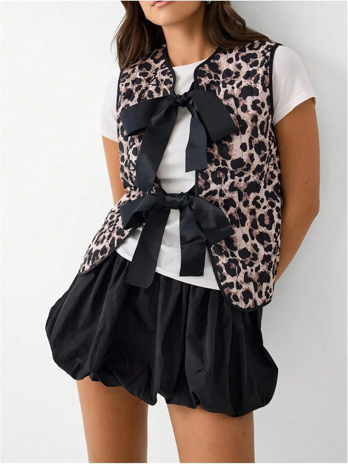 Women's Leopard Print Bow Tie Front Vest Coat Round Neck Sleeveless Jacket