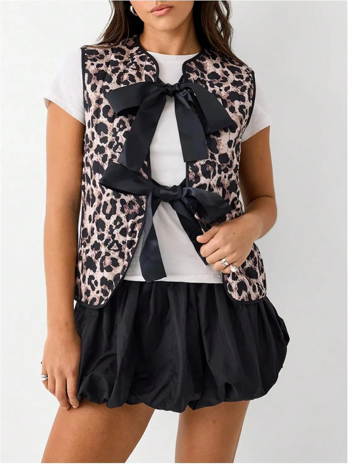 Women's Leopard Print Bow Tie Front Vest Coat Round Neck Sleeveless Jacket